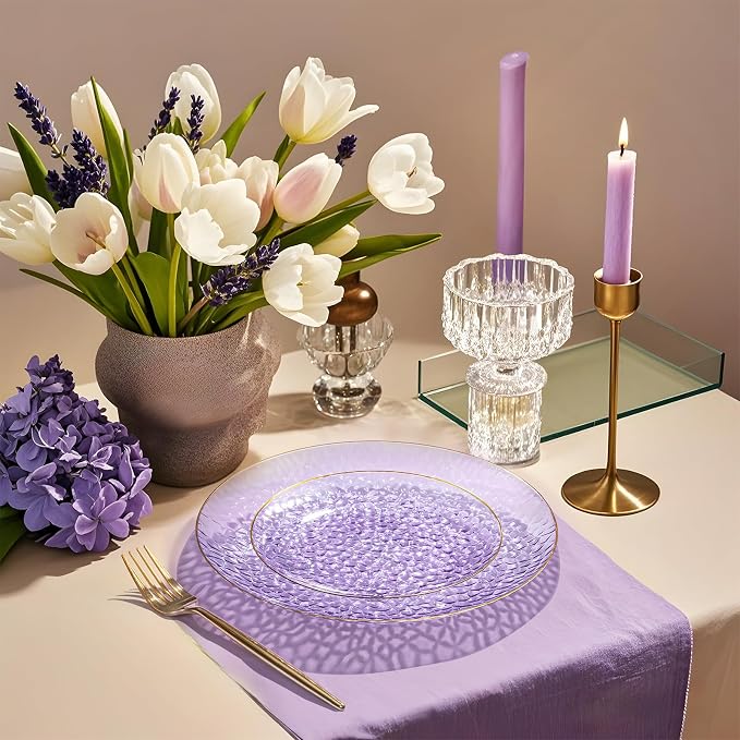 Rubtlamp 100Pcs Purple Gold Plastic Plates, Hammered Plastic plates Include 50 - Image 3