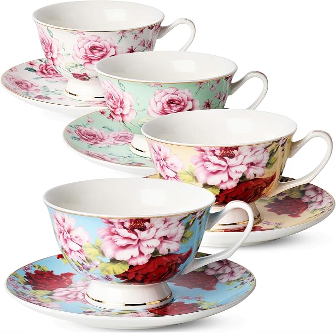 BTaT- Floral Tea Cups and Saucers Set of 4, 7 oz | Porcelain Tea Cup Set by BrewToATea