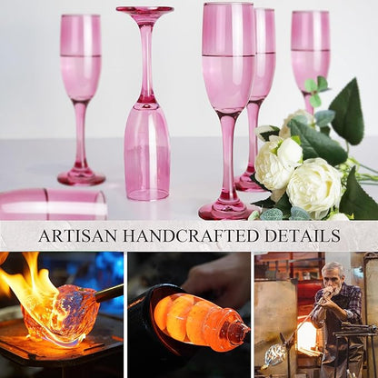 Champagne Flutes Glasses Set of 6-6oz Elegant Pink Glass, Unique Pink Colored Long Stem Champagne Flute Gift for Wedding, Anniversaries, Parties, Birthday, Restaurant, Home Bar