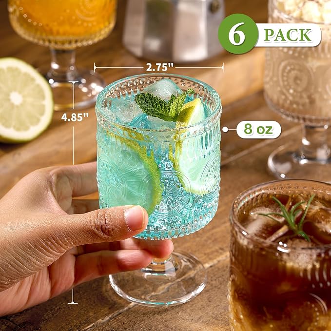 6 Packs Vintage Goblet Glasses, 8 oz Wine Glasses, Embossed Floral Glass Cups - Image 6