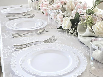 " OCCASIONS " 50 Plates Pack (25 Guests) Vintage Wedding Party Disposable Plastic Plate Set -25x10.25'' Dinner +25x7.5'' Salad/Dessert plates (Portofino Plain White)