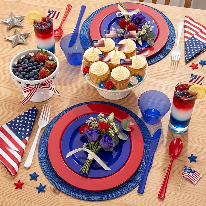KIRE 150PCS 4th of July Plates & Red White Blue Disposable Plastic Silverware - Image 6