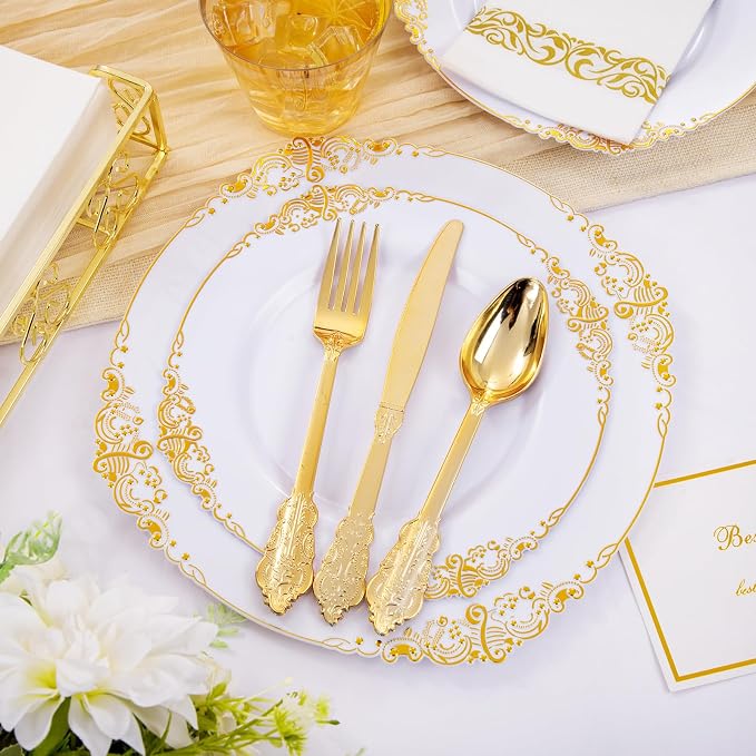 350 Pcs White Gold Plates for Wedding | White Party Plates Set for 50 Guests - Image 8