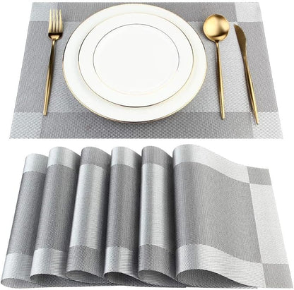 DACHUI Placemats Set of 8, Linen Look Woven Place Mats, Water Resistant, Heat Resistant, Washable, Durable Table Mats (Silver Grey)