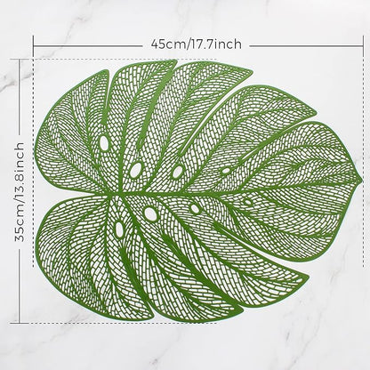 Evevda Green Leaf Shaped Vinyl Placemats for Dinner Table Set of 8 Plastic Green Place Mats Wipeable 8Pcs Table Mats for Wedding Annersary Dinner Table Decoration Mats