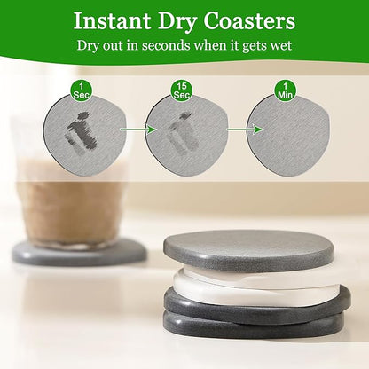 Diatomaceous Earth Coasters Set of 4 for Drinks, Moisture Water Absorbent Stone Coasters for Table Desk at Work, Water Absorbing Instant Drying Diatomite, Modern Light Grey