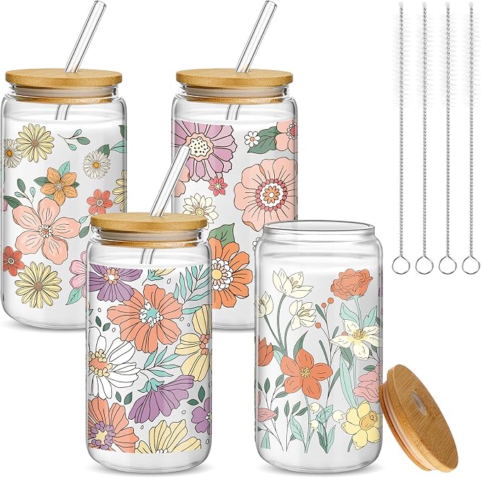 Mumufy 4 Pack Wildflower Glass Cups Gift Aesthetic Cute Glass Cup Tumbler by Mumufy
