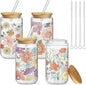 Mumufy 4 Pack Wildflower Glass Cups Gift Aesthetic Cute Glass Cup Tumbler by Mumufy
