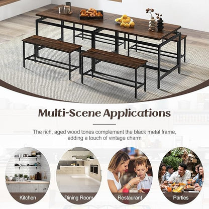 Giantex Kitchen Table Chairs Set of 3 - Dining Table Set for 4 with 2 Benches, Metal Frame, Space-Saving Dinette Table Set for 4, Small Places Breakfast Nook Table Set, Kitchen Table Set, Brown