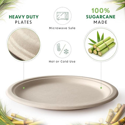 Compostable Plates, Disposable Heavy Duty Paper Plates - [125 Count] 9 Inch, Unbleached Biodegradable, Made of Natural Sugarcane Bagasse, Brown, For Everyday Use Meals, Dinner, Party, Eco-Friendly