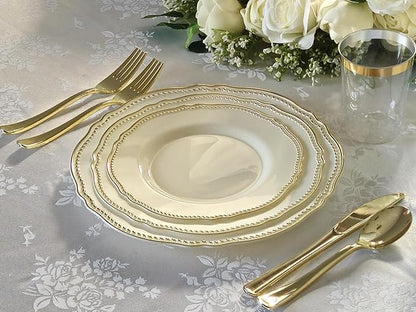 " OCCASIONS " 50 Plates Pack (25 Guests)-Heavyweight Wedding Party Disposable Plastic Plate Set -25 x 10.25'' Dinner + 25 x 7.5'' Salad/dessert plates (Rochelle Ivory and Gold)