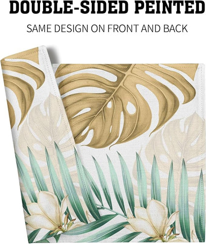 Giwawa 4PCs Tropical Palm Leaf Placemats Summer Green Brown Banana Leaves Decorative Linen Table Mat 12"x18" Hawaiian Monstera Flowers Heat Resistant Washable Place Mats for Kitchen Dining