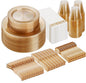 Goodluck 350 Piece Dinnerware Set for 50 Guests, Plastic Plates Disposable for Party, Include: 100 Gold Glitter Plastic Plates, 50 Paper Napkins, 50 Cups, 50 Gold Glitter Plastic Silverware Set