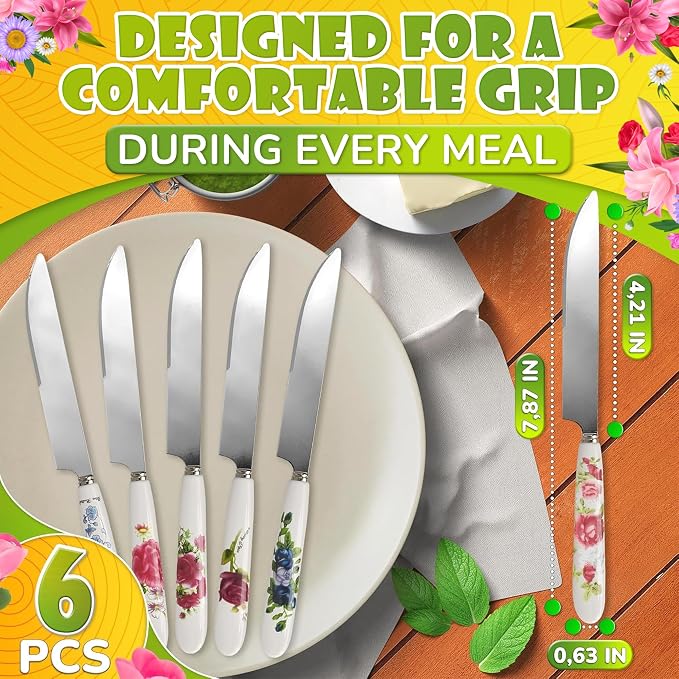 Butter Knife Set of 6, Floral Ceramic Handle, Stainless Steel Blade | Small - Image 2
