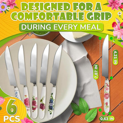Butter Knife Set of 6, Floral Ceramic Handle, Stainless Steel Blade | Small - Image 2