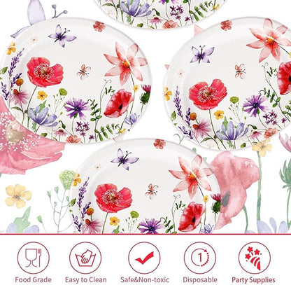 Grencian 50Pcs Floral Oval Paper Plates 10" X 12" Large Disposable Wildflower Plates Heavy Duty Watercolor Flower Platters for Spring Birthday Picnic Wedding Bridal Baby Shower Tea Party Supplies