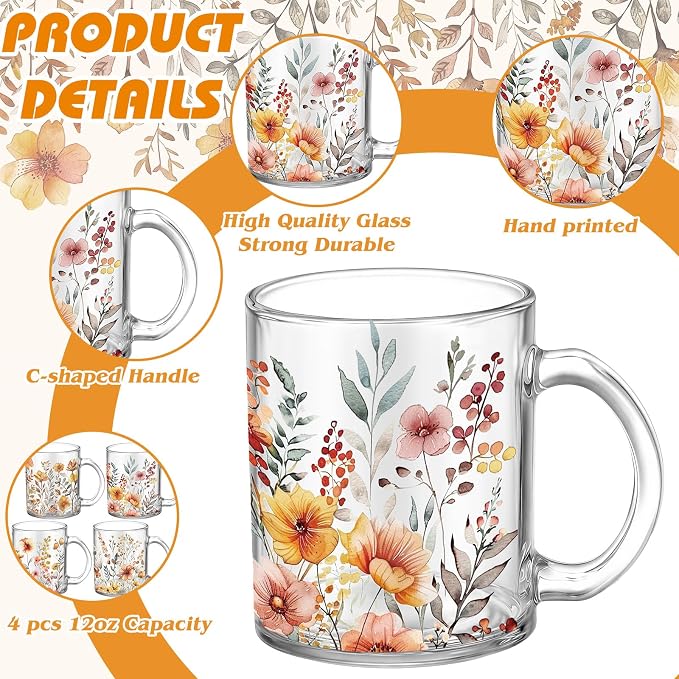 Tioncy 4 Pcs Fall Floral Coffee Mugs 12 oz Flower Glass Cups - Image 3