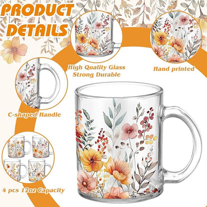 Tioncy 4 Pcs Fall Floral Coffee Mugs 12 oz Flower Glass Cups - Image 3