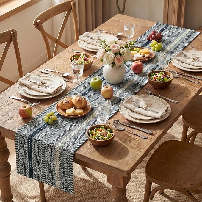 Artoid Mode Dark Blue Farmhouse Stripe Braided Table Runner 12x90 Inch | - Image 5