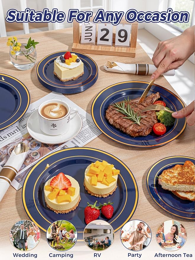 350PCS Navy Blue and Gold Plastic Plates - Image 5
