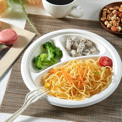 Vplus 100% Compostable Paper Plates, 150 Pack 9 Inch 3 Compartment Plates Disposable, Heavy Duty Biodegradable Plates Made of Sugar Cane Fibers, for Daily meals, Dinner, Parties, BBQ