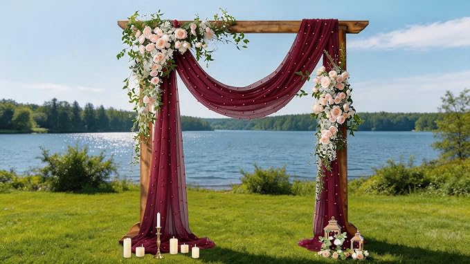 Pearl Table Runner Gauze Sheer 19FT Wedding Draping Fabric Decor | Burgundy - Image 3