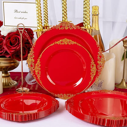 102PCS Red and Gold Plastic Plates - Red Plates Disposable - Vintage Plastic Plate with Gold Rim Include 51PCS Dessert & 51PCS Dinner Plate Perfect for Weddings & Party & Valentine's Day