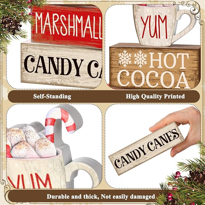 Moucuny 4 Pcs Wooden Christmas Tabletop Decor Hot Cocoa Tiered Tray Decor - Image 5
