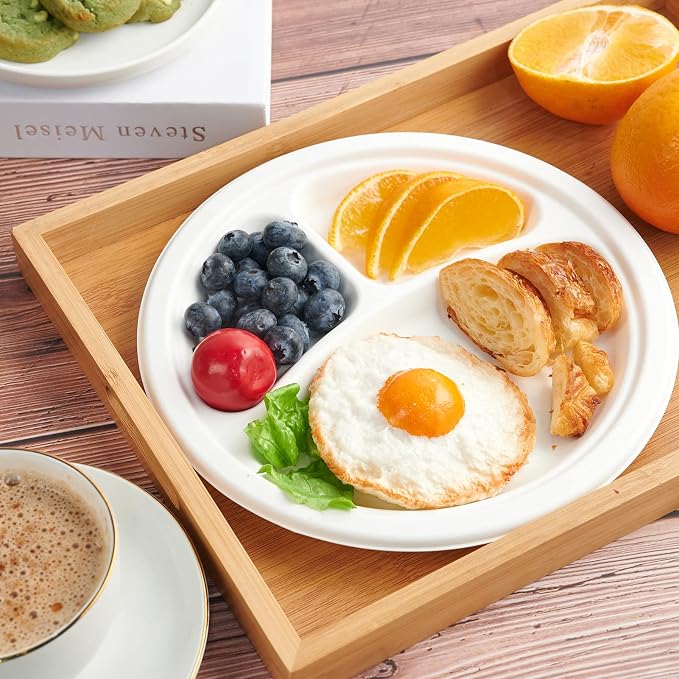 Compostable Disposable 3 Compartment Paper Plates, 10 inch, Heavy-Duty - Image 4