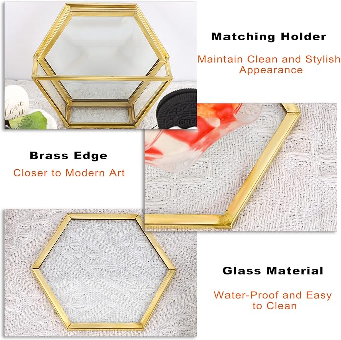 JUXYES Set of 7 Gold Brass Clear Glass Round Coaster - Image 4