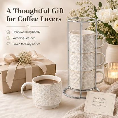 6 Oz Coffee Mugs with Stand, Stackable Coffee Cups Set of 4, Ceramic Espresso - Image 8