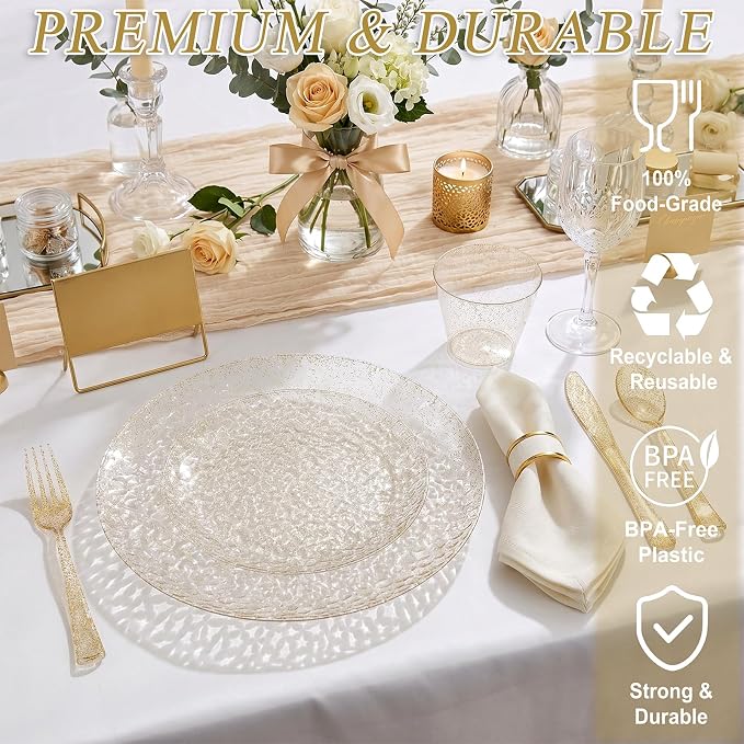 Rubtlamp 700Pcs Gold Glitter Plastic Dinnerware Set, Hammered Clear Plates - Image 3