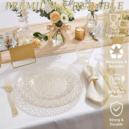 Rubtlamp 700Pcs Gold Glitter Plastic Dinnerware Set, Hammered Clear Plates - Image 3