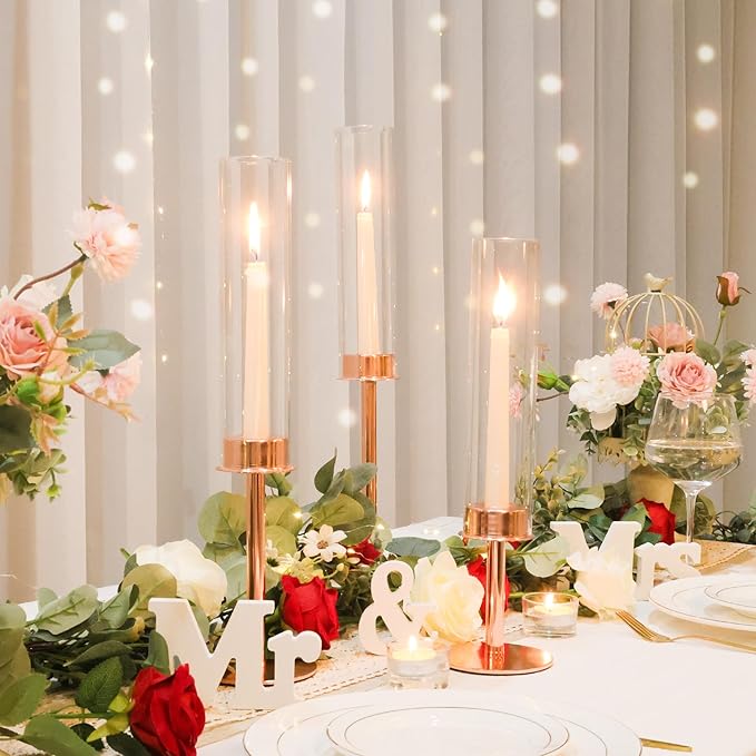 Hurricane Candle Holders Set of 3 Metal Candlestick Holder for Glass Taper Tall Candle Holders with Crystal Chimney Tube Candles Stands for Home Decor, Christmas, Dinning (3, Rose Gold)