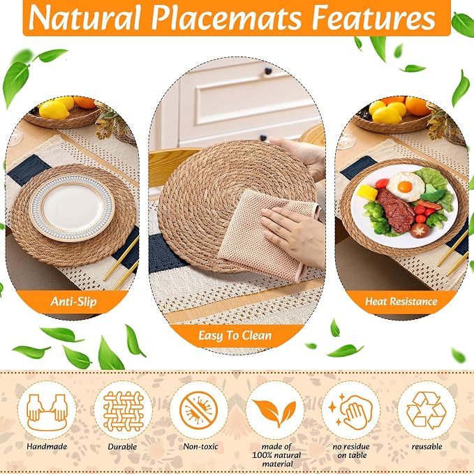 4 Sets Boho Decoration Placemats Round Woven Placemats, Cloth Napkins, Wood - Image 6