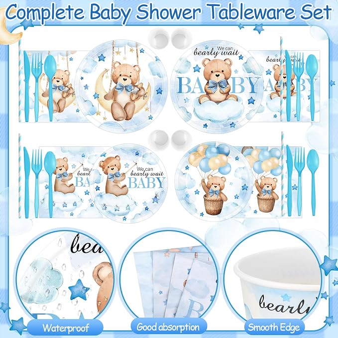 450 Pcs Blue Bear Baby Shower Tableware Set Decorations, Serves 50 | We Can - Image 3