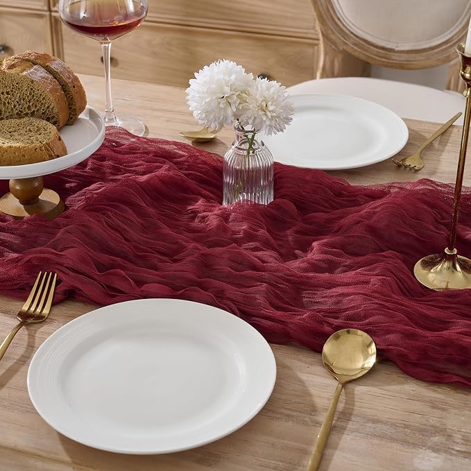 3 Pack Burgundy Red Cheesecloth Table Runners, 120 Inch 10Ft Wine Red Gauze - Image 2
