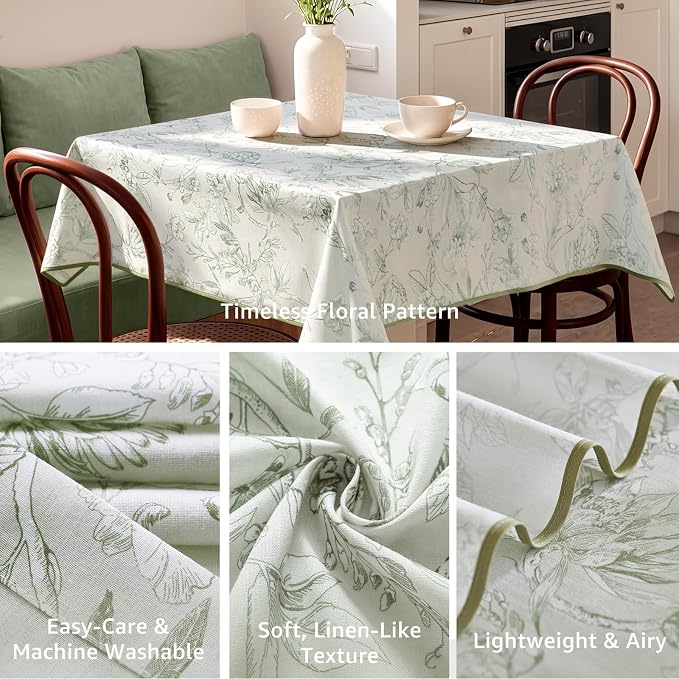 jinchan Green Floral Linen Square Table Cloth 50 x 50 Inch | Green botanical - Image 3