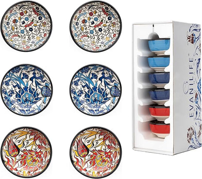 Handmade Ceramic Dipping Bowls – Set of 6, 2.5 Oz Small Sauce Dishes, Colorful Pinch Bowls, Charcuterie Serving Bowls, Microwave & Dishwasher Safe (IZNIK CARNATION)