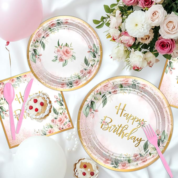 Rose Gold Party Decorations Pink Floral Birthday Plates and Napkins | 168 Pcs - Image 5