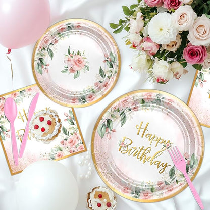 Rose Gold Party Decorations Pink Floral Birthday Plates and Napkins | 168 Pcs - Image 5