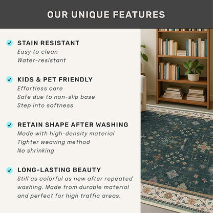 Dark Green 2x8 Non Slip Kitchen Runner Rugs - Modern Vintage Boho Eclectic Floral Pattern, Washable Low Pile Non-Slip 8ft Long Runner Rugs for Hallway, Entrance