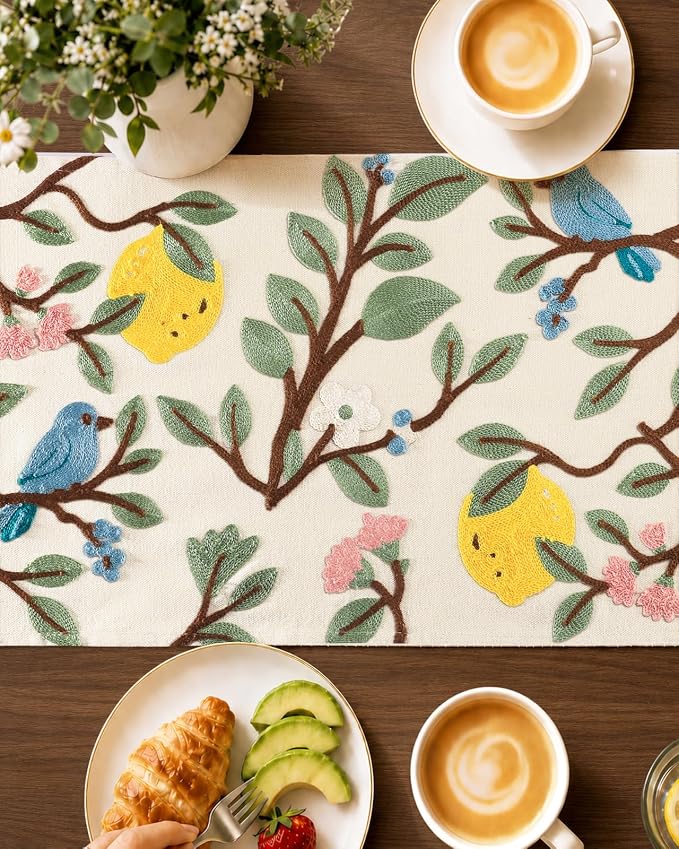 Canvas Embroidered Narrow 13"x 48" Table Runner, Lemon Bird | Exquisite - Image 3