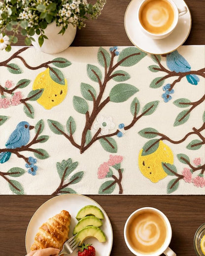 Canvas Embroidered Narrow 13"x 48" Table Runner, Lemon Bird | Exquisite - Image 3