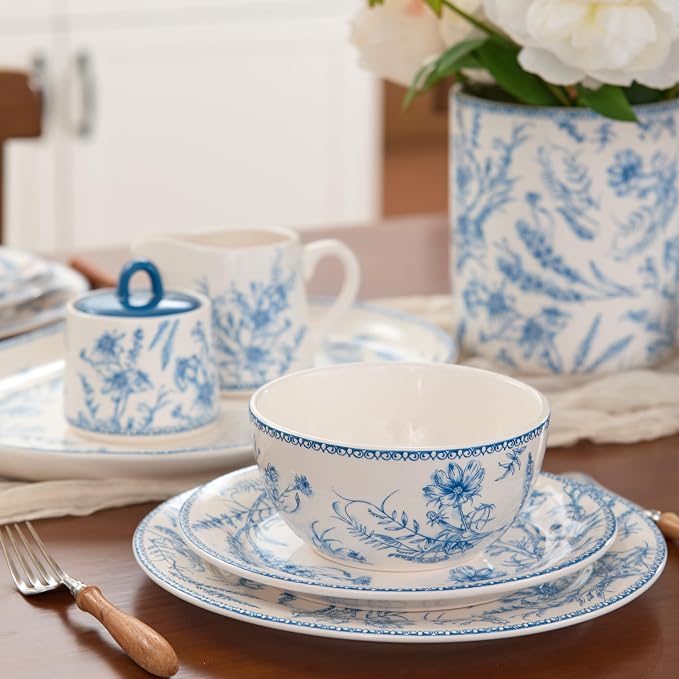 Bico Blue Garden Toile De Jouy Cereal Bowls Set of 4, 26 oz Deep Ceramic Soup - Image 6