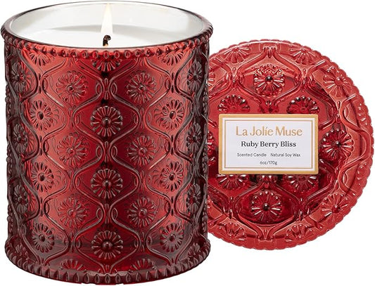 LA JOLIE MUSE Ruby Berry Bliss Scented Candle | Mandarin, Cranberry & Plum | 6 oz Natural Soy Wax Candle | 40 Hours Clean Burn | Valentines Day Gifts for Her | Cozy Home Decor