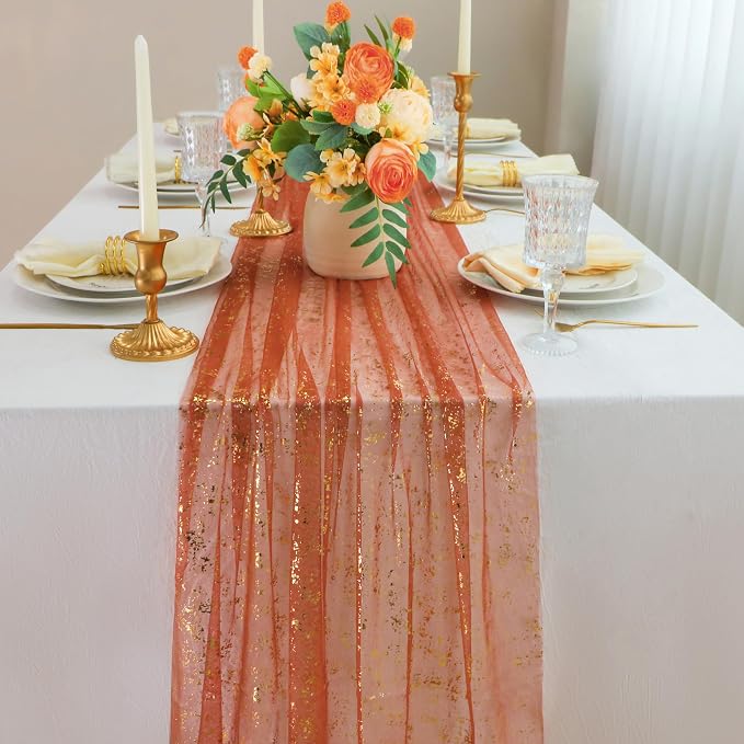Snowkingdom 10 FT Fall Thanksgiving Table Runner Terracotta Gold Table Runner - Image 2