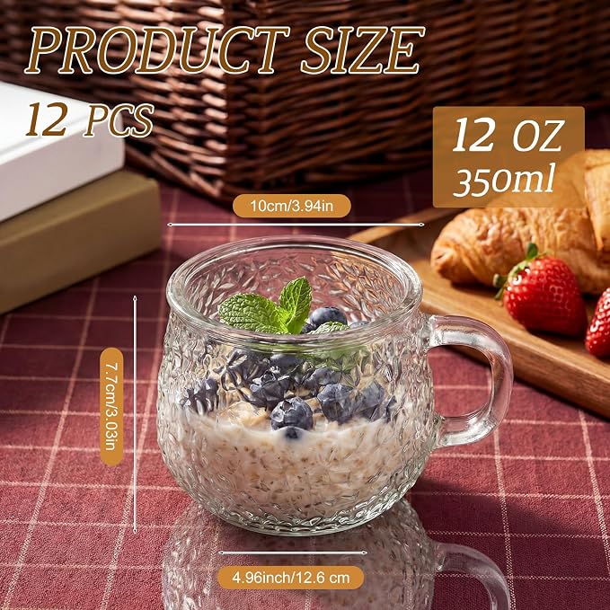 12 Pack Glass Coffee Mugs with Handles, 12 Ounces Glass Breakfast Mugs Bulk - Image 2