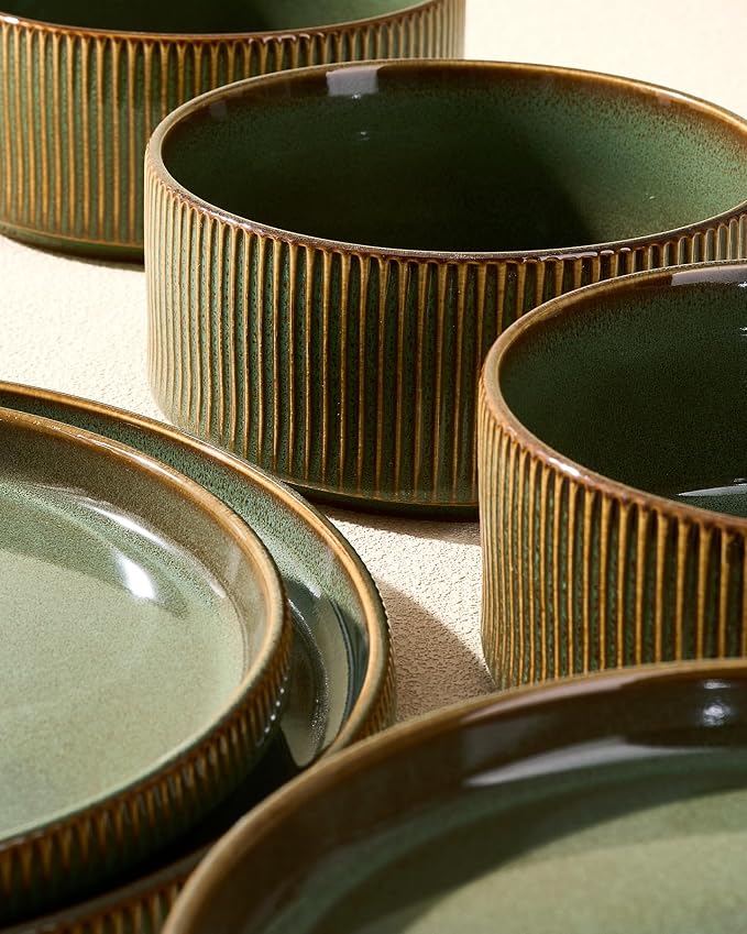 Dinnerware Set for 6, Ceramic Ribbed Plates, Dishes | 18-Piece Stoneware Dinner - Image 4