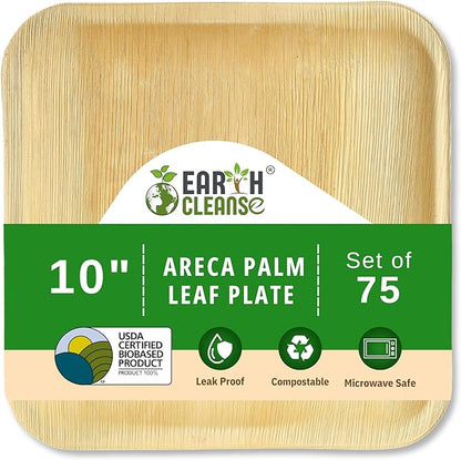 Compostable Palm Leaf Plates 10 Inch Square (75 Pack) | Disposable Biodegradable Plates Like Bamboo & Wooden | Microwave & Oven Safe | Eco-Friendly
